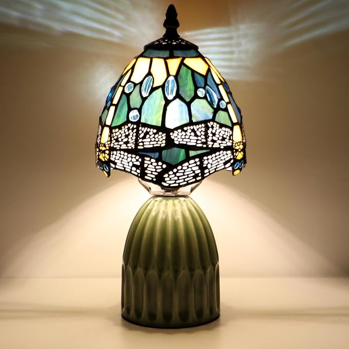 Tiffany Stained Glass Mushroom Table Lamp 12.5 Inch -Yellow Dragonfly | Tiffany Lamp,6X6X12.5 Inch,Small Night Light,Ceramic Base, Mini Accent Light Suitable,Bedside,Bedroom, Children Room,Antique