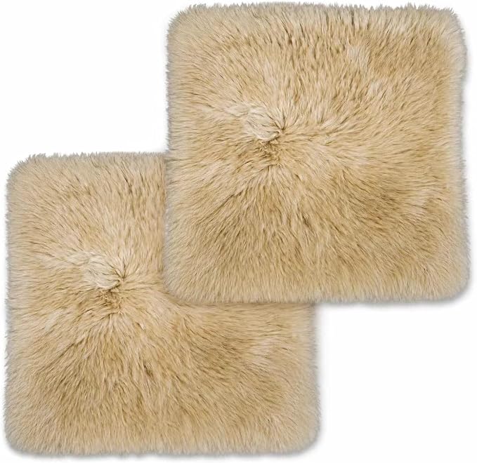 Sheepskin Chair Cushion Non-Slip Back Square Genuine Fur Chair Cover Silky Natural Wool Seat Cushion Pad Soft Area Rugs Carpet for Home Office Restaurant Chair 18x18 Inch (Pack of 2), Khaki Camel
