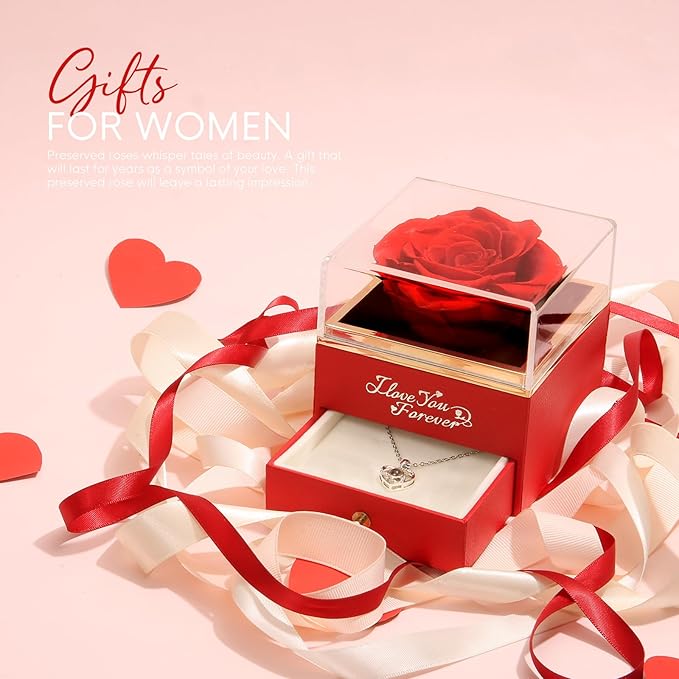 ASELFAD Preserved Real Rose with Heart Necklace -I Love You Forever Eternal Rose for Her, Mothers Day Flowers Gifts for Mom, Wife, Anniversary or Birthday Gifts for Women, Red