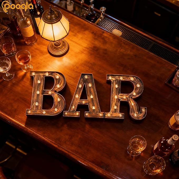 Pooqla BAR - Illuminated Marquee Bar Sign for home decor - Light up LED Marquee Word Sign - Pre-Lit Pub Light Battery Operated (23.03-in x 8.66-in) (Vintage)
