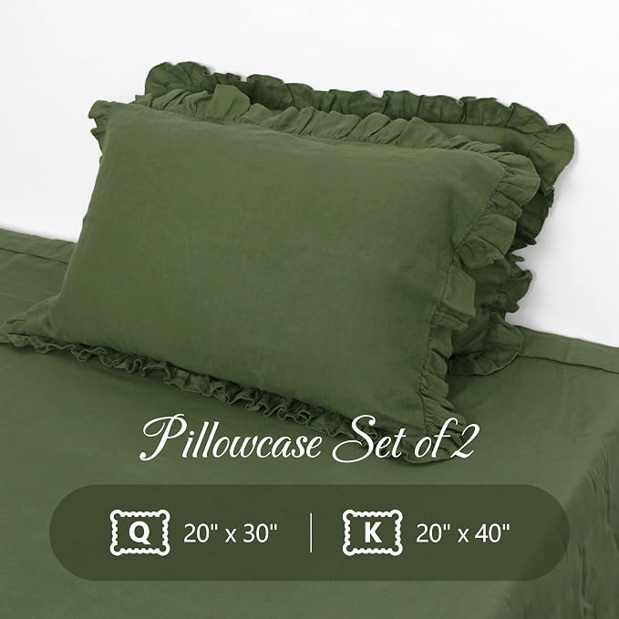 Linen Ruffled Pillow Cases,100% French Natural Linen Pillowcase Set of 2,Decorative Boho Pillow Cases Ruffle Bedding King Size (20''x40''),Olive Green