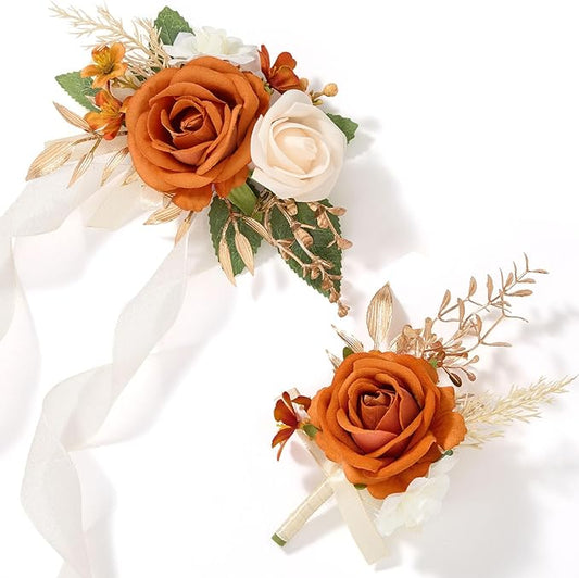 Alecono Orange Corsage and Boutonniere Set, Rose Corsage Wristlet for Women and Boutonniere for Men Wedding Prom Flower Accessories Suit Decorations