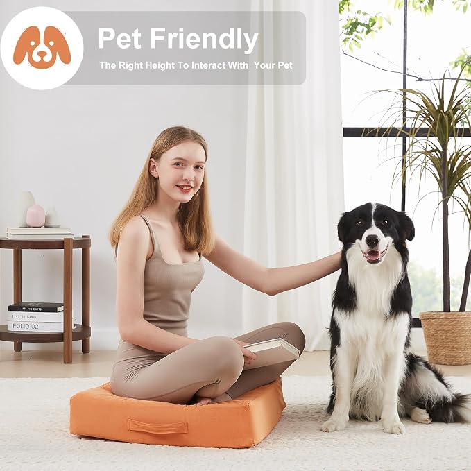 JKMAX 2 Pcs High Density Foam Floor Pillow - Upgraded Large Pillows Seating for Adults - Outdoor Floor Cushion with Soft Tufted Cover - Yoga Pillows for Sitting On Floor - 22 Inch Orange