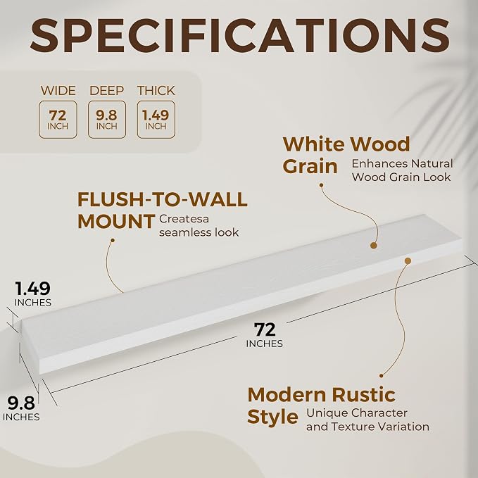 Dreamland 72Inch White Floating Shelves 9.8" Deep Wall Mounted Set of 2 | Wall shelves for bathroom, bedroom, Living Room, kitchen, deep wall mount wood storage display for home decor 72" x 9.8"