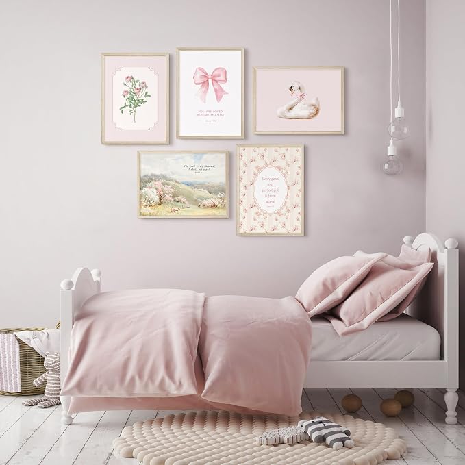 Nursery Christian Wall Art Bible Verses Canvas Wall Decor Baby Girl Room Poster Vintage Pink Nursery Prints Decor Floral Bow Swan Artwork Jesus Scripture Picture for Bedroom 12x16x5 Inch Wood Framed