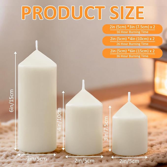 6 Pcs White Pillar Candles Bulk Set, 3 Different Lengths 2 x 3/4/6 Inch (2 Each), Dripless Unscented Smokeless,Hurricane Candles,Gives You a Better Atmosphere When Organizing an Event Party.