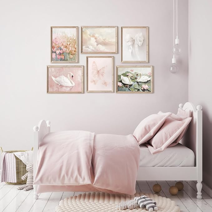 Tocliky Coquette Pink Wall Art Decor Swan Posters Bow Flower Canvas Wall Art Preppy Cute Pictures Trendy Butterfly Posters Coquette Aesthetic Prints for Girl Dorm Room Bedroom 12x16x6 Inch Unframed