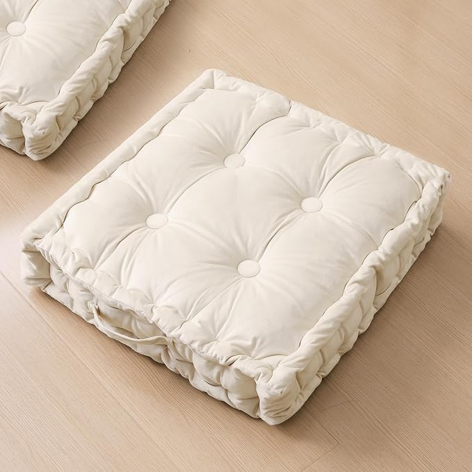 Square Floor Pillows, Large Floor Cushion for Adults Kids, Meditation Floor Pillow Seating Cushion with Shredded Memory Foam and Silk Wadding, 20"x20"x5" Ivory 2 Count