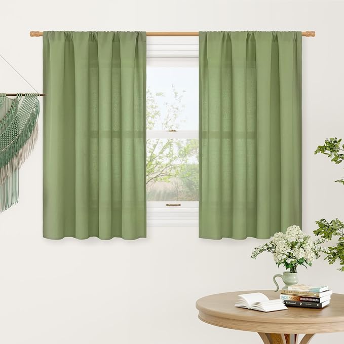 LAMIT Green Linen Curtains for Small Windows, 45 Inches Long Light Filtering Panels Rod Pocket Neutral Privacy Drapes for Window/Bedroom, 2 Panels, 42 x 45 Inch