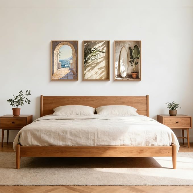 French Landscape Framed Canvas Wall Art Set, Ocean Coastal Style Wall Decor, Palm Tree Surfboard Wall Painting, Ocean Seascape Art Prints for Living Room, Bedroom, 16×24inches
