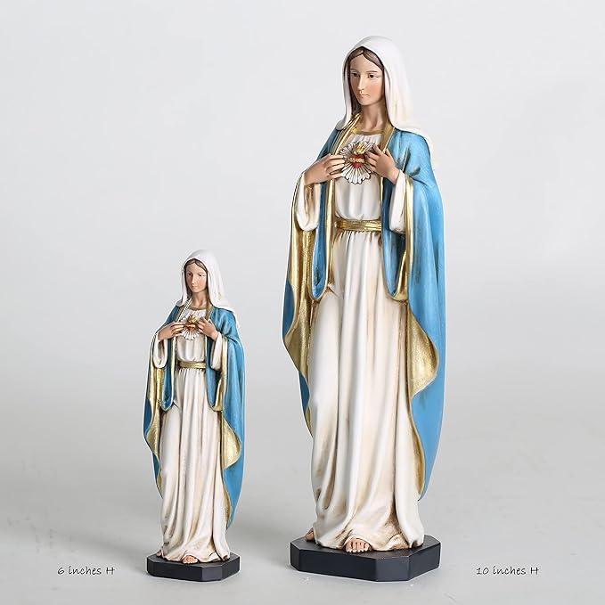 BC Catholic Immaculate Heart of Mary Statue, 10" H Blessed Holy Mother Virgin Mary Figure for Altar, Devout Home Decor, Religious Gifts to Mom, Hand Painted Renaissance Sculpture by Buildclassic