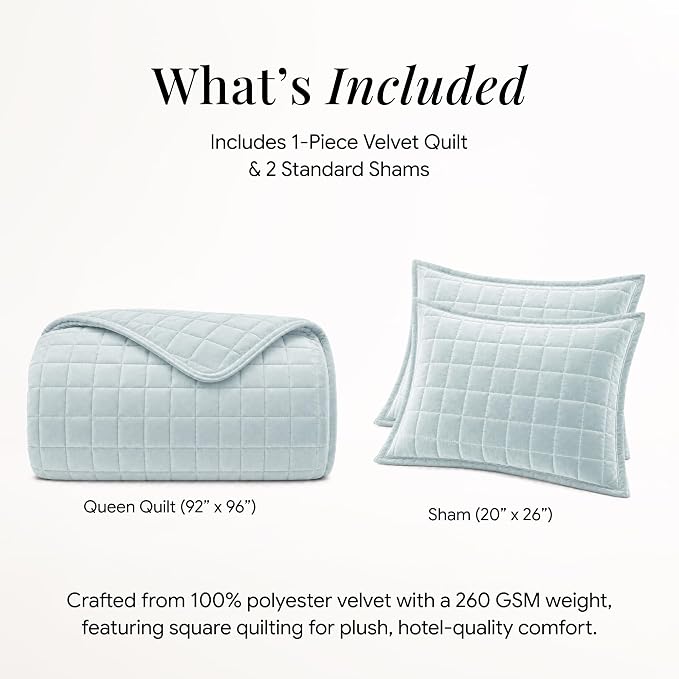 Tribeca Living Velvet Queen Quilt Set, Three-Piece Box Stitch Bedding Set Includes One Oversized Quilt & Two Sham Pillowcases, 260GSM Super Soft Velvet, Florence/Haze Blue