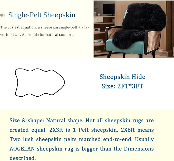AOGELAN Black Fluffy Fluffy Shaggy Fur Area Rug, Fuzzy Genuine Sheepskin Rug, Soft Fur Pup Carpet, Chair Sofa Seat Cover(Black, Single Pelt/2FT*3FT)