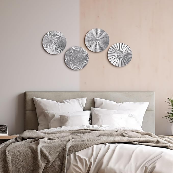 Hicarer 4 Pcs 12 Inch Metal Wall Art Decor Sunburst Hanging Metal Artwork Decor Wall Art Decorations for Home Living Room Office Gift for Christmas(Silver)