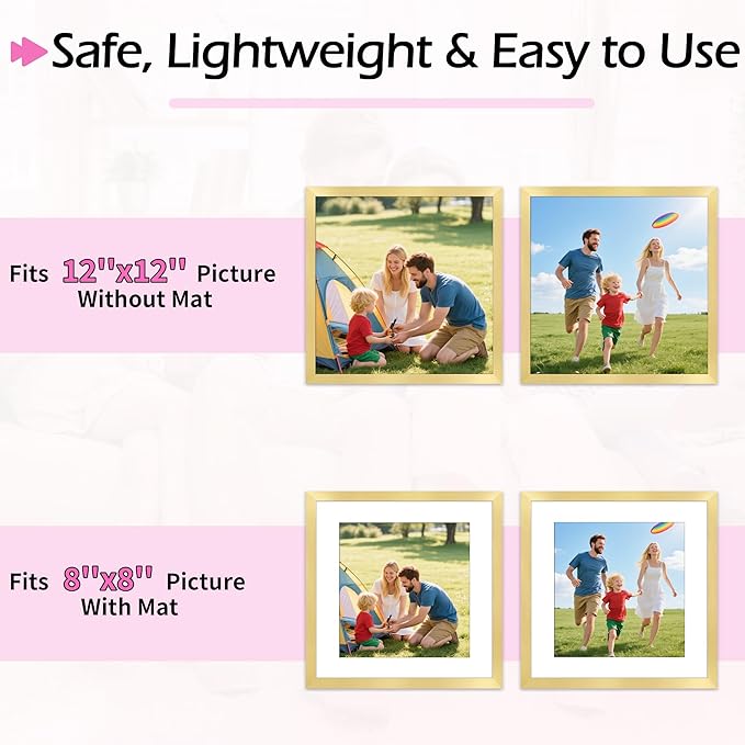12x12 Picture Frame 2 Pack, Gold Photo Frames Collage for Wall Hanging, 12 x 12 Square Wall Gallery Poster Frame with Clear Plexiglass, Display Pictures 8x8 with Mat or 12x12 Without