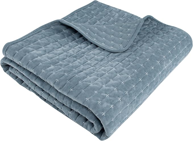 Levtex Home - Velvet Stitch - Throw - Cross Stitch Velvet - Chambray with White - Quilt (50x60in.) and Sham 50x60in. - Polyester