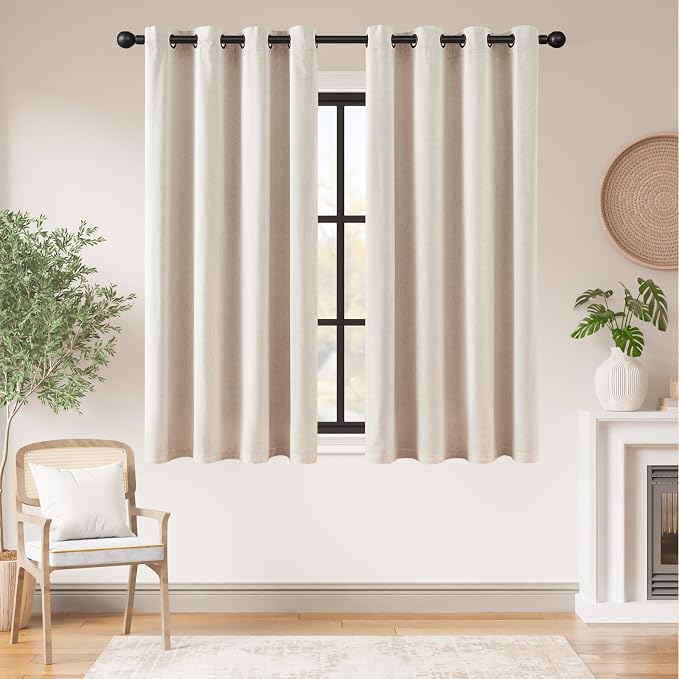 jinchan Short Blackout Curtains for Bedroom 63 Inch Length Pretty Linen Drapes Thermal Kitchen Traverse Curtains with Grommet Light-Locking Lined Basement Window Drapes Natural (50W x 63L 2 Panels)