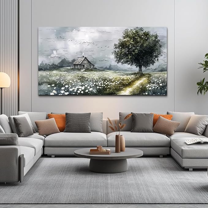 ERQINHUA Gray Large Canvas Wall Art For Living Room Farmhouse Wall Decor For Bedroom Office Home Decor Field scenery Paintings Tree Landscape Wall Pictures Printed Artwork Ready to Hang 30"X60"