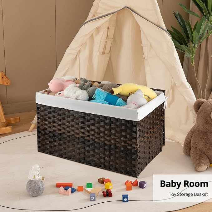 OIAHOMY Large Storage Basket with Lid, 42.3 Gallon (160L) Blanket Basket with Removable Liner Bag, Wicker Hamper with Handle, Foldable, Hamper for Bedroom, Brown