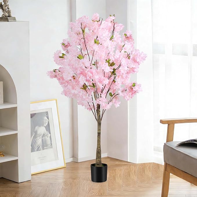 Cherry Blossom Artificial Tree,Fake Pink Cherry Blossom Tree,Lifelike Decorative Plant in Pot for Indoor/Outdoor, Christmas, Garden,Home Office Dec (4FT)
