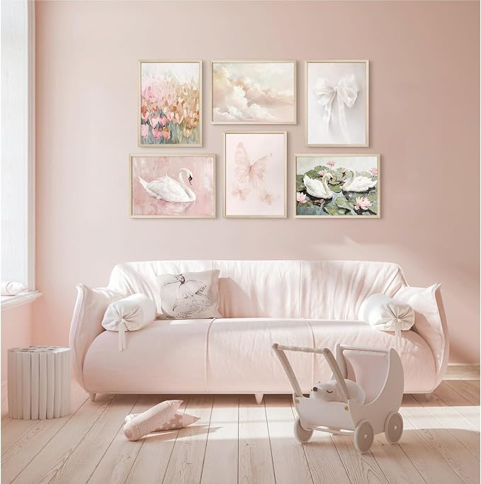 Coquette Pink Wall Art Decor Aesthetic Swan Posters Bow Flower Canvas Wall Art Preppy Cute Pictures Trendy Butterfly Posters Coquette Aesthetic Prints for Girl Dorm Bedroom 8x10x6 Inch Wood Framed