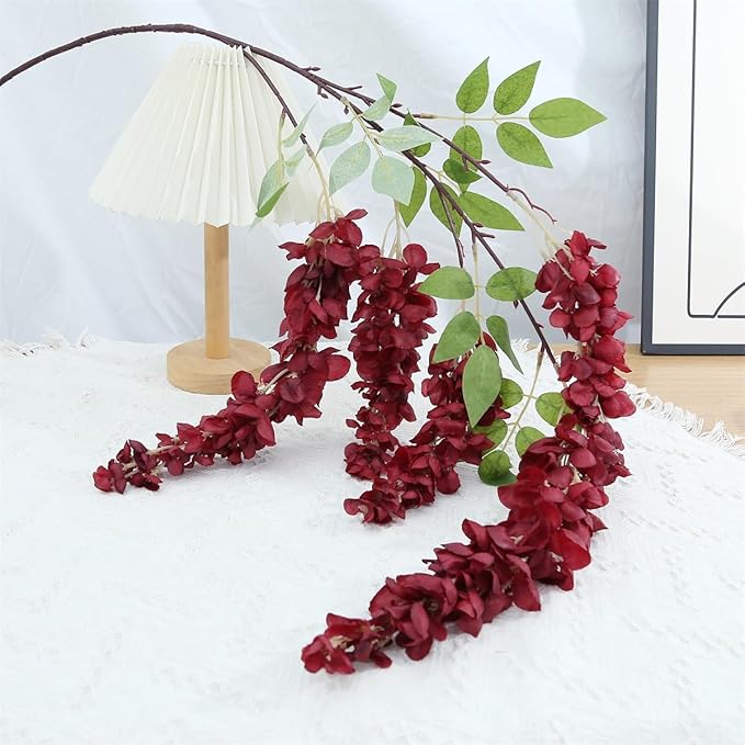 4pcs 47.2-inch Artificial Fake Wisteria Hanging Flower Garland Silk Flower String Home Party Decoration White Blue Pink Purple (Crimson)