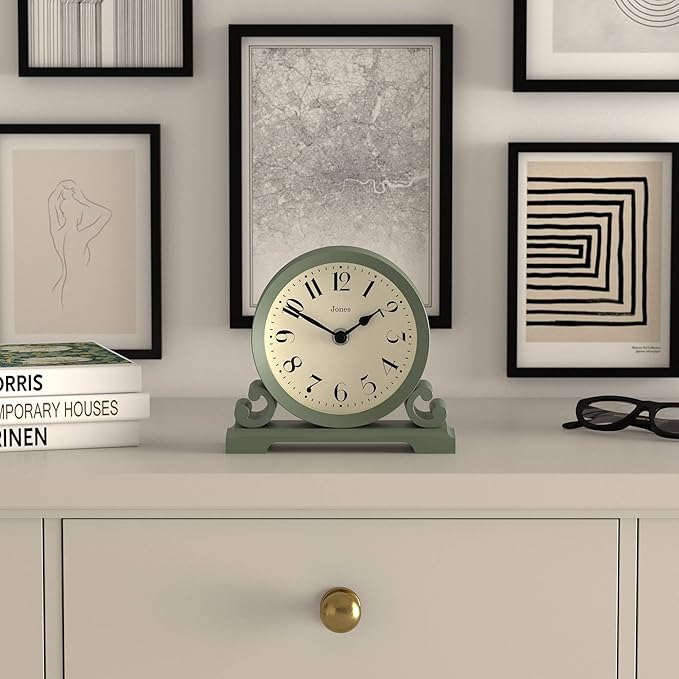 JONES CLOCKS® Saloon Mantel Clock | Small Traditional Double Scroll Design | Green | Contemporary Classic Style for Desk, Table, Shelf or Bedside