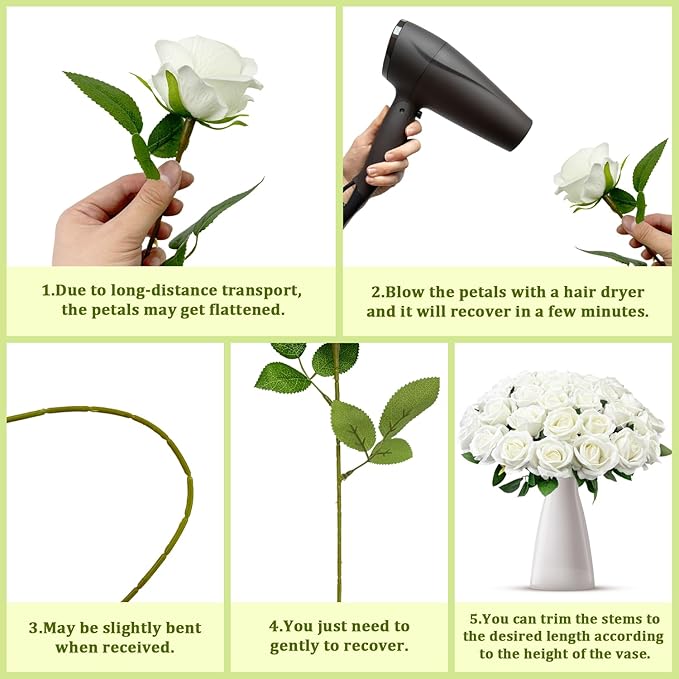 Wondrus Bulk Artificial Flowers 100 PCS, Fake Velvet Silk White Roses with Long Stems Realistic Bouquet for Wedding Centerpieces, Faux Arrangement for Home Table Decor
