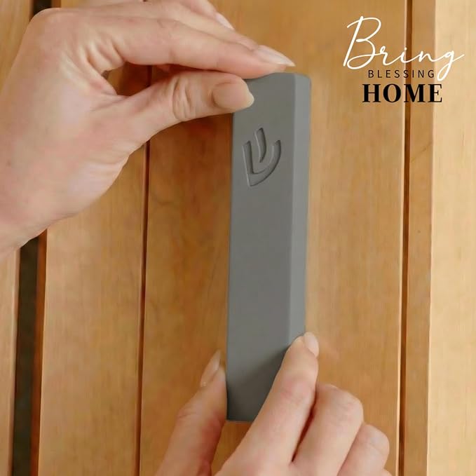 SURI Mezuzah for Door – 4 Inch Light Gray Concrete Mezuzah Case with Non Kosher Scroll, Judaica Entry Design, Fits a 3 Inch Mezuza Scroll, Gift Box Included