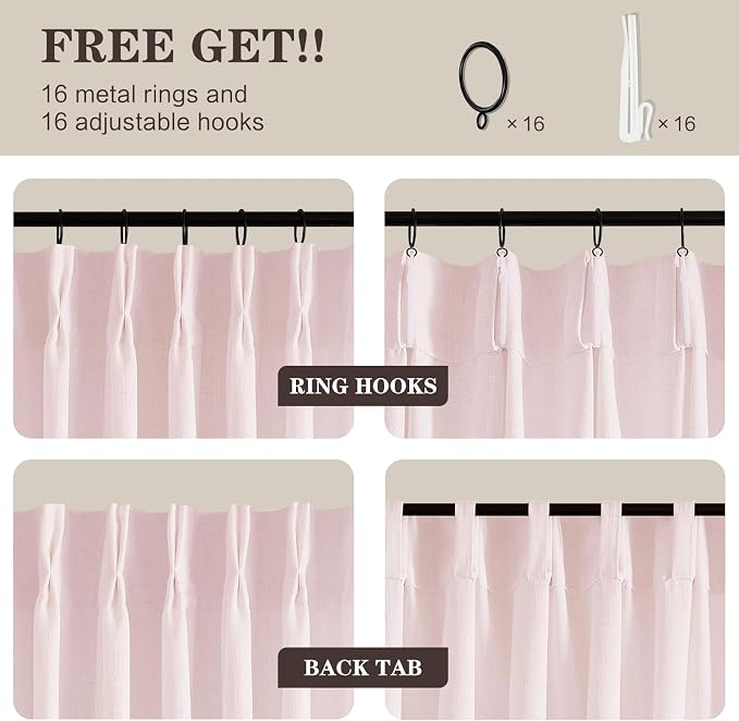 Light Pink Pinch Pleated Linen Curtains 84 Inches Long for Baby Girls Bedroom, Light Filtering Pleat Drapes Textured Thick Memory Trained Semi-Sheer Curtain with Hooks for Nursery, 2 Panels, Blush