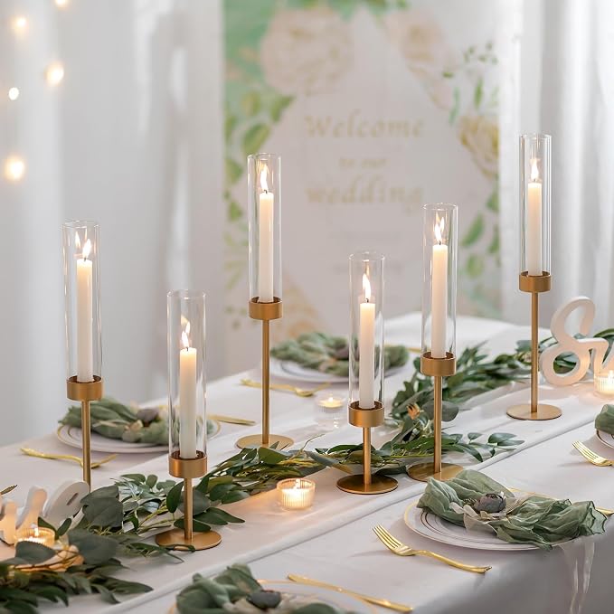 Sziqiqi Hurricane Candle Holders for Wedding: 6 Pcs Gold Candlestick Holders Table Centerpiece - Taper Candle Sticks Holder for Christmas Party