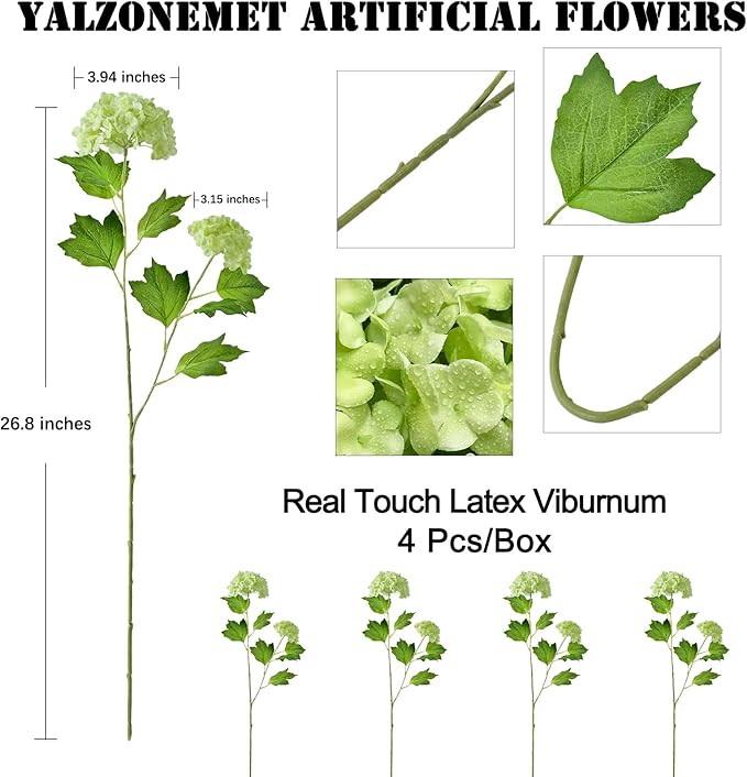 RUZUQE YalzoneMet 4pcs Viburnum Artificial Flower Snowball 26.8'' Long Stem Green Small Hydrangea Flower Real Touch Lifelike Latex Flower for Home Christmas Decoration Xmas Table Flower