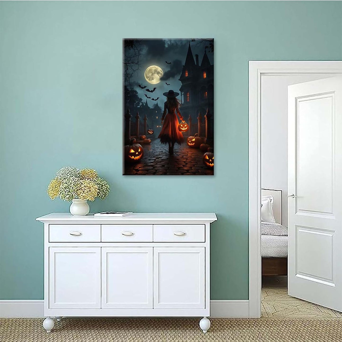 JFHCQJPK Halloween theme poster moonlit autumn night witch vintage poster art print dark college style gothic painting canvas wall decoration bedroom living room ideal gift20x30in Frameless