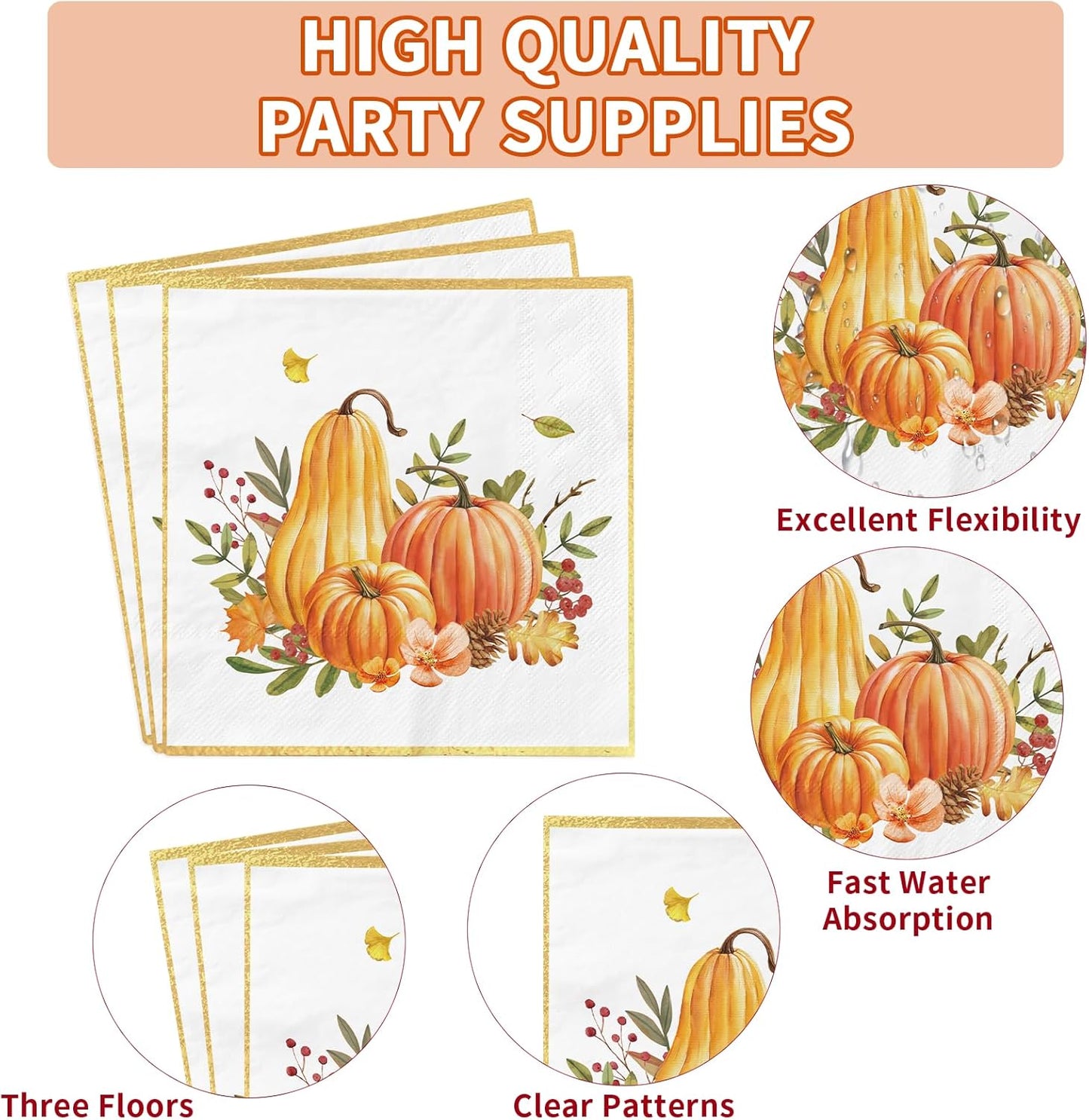 Grencian 200Pcs Fall Plates and Napkins Thanksgiving Plates Pumpkin Flower Wreath Plate Disposable Pumpkin Tableware Fall Party Supplies for Autumn Harvest Thanksgiving Party Decorations, Serves 50