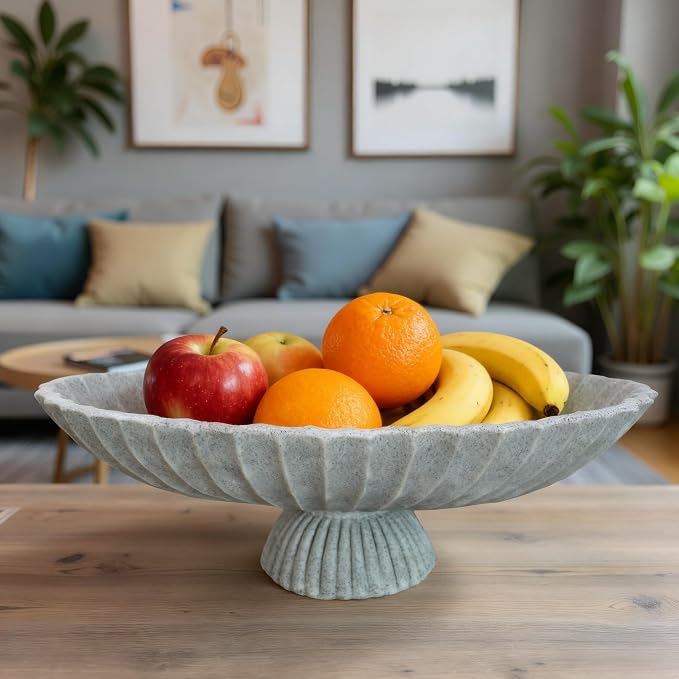 14.5" Large Decorative Long Bowl decor - Fluted Scalloped Decorative Bowls for Home Decor,Ruffle Decor,Stylish Key Bowl for Entry Table,Decorative Fruit Bowls for Kitchen Counter,artificial marble
