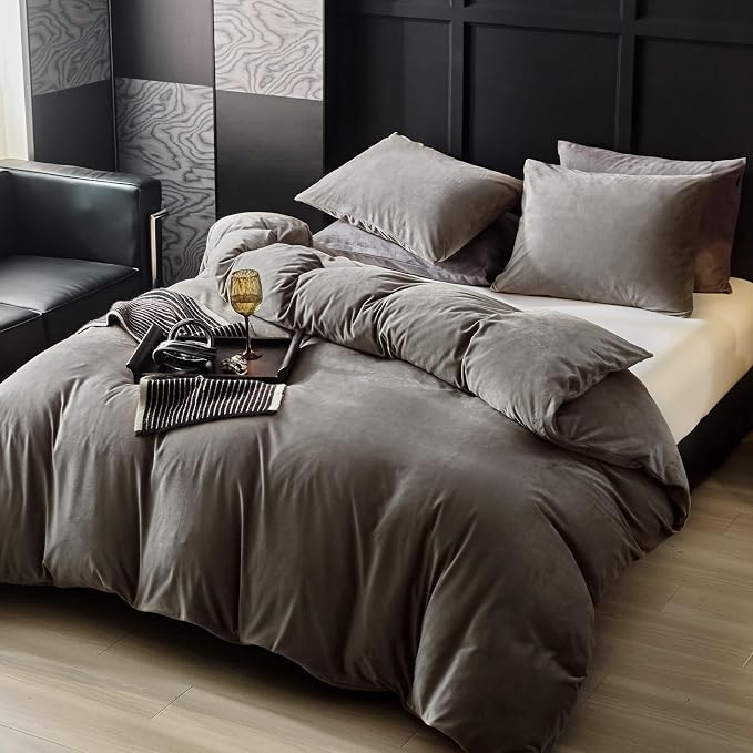 WARMDERN Khaki Flannel Velvet Duvet Cover Queen Size Duvet Cover Bedding Sets, 3pcs Ultra Soft Luxury Textured Modern Crystal Velvet Duvet Covers with Zipper Closure(Khaki, Queen)