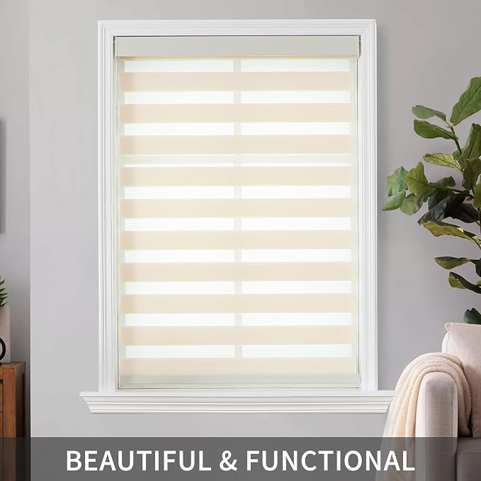 Joydeco Cordless Zebra Blinds (Pro), Dual Layer Light Control Zebra Blinds for Windows, Light-Proof Aluminum Cover, Free-Stop Roller Shades for Home & Office (Beige,33" W x 75" H)