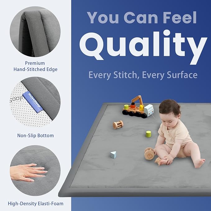 Huloo Sleep Ultra Soft Baby Play Mat for Floor, 1.3" Thick Elasti-Foam 59x59 Play Mat for Playpen,Water-Repellent Coral Velvet for Tummy Time, Non-Slip Backing,Safe for Toddlers & Infants(Dark Grey)