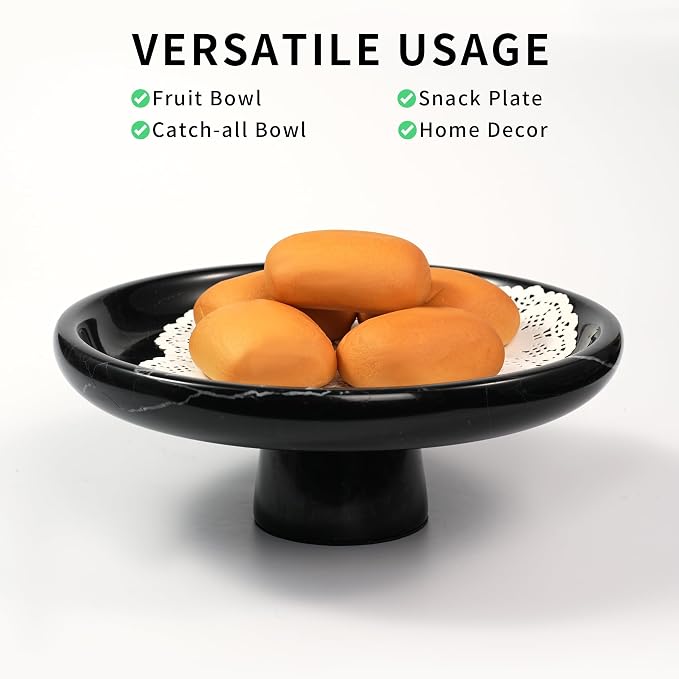 Marble Fruit Bowl for Kitchen - 9.9" Black Decorative Stone Pedestal Bowls for Home Decor, Footed Fruits Holder For Dining Table Counter Organization