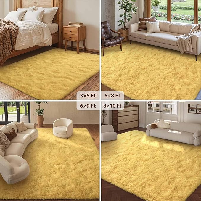 FinRèc Soft Yellow Rugs for Bedroom Living Room, 4x6 Feet Fluffy Shaggy Area Rug, Non-Slip Fuzzy Furry Shag Rug for Nursery Kids Room Dorm Room Home Decor, Indoor Plush Floor Carpet