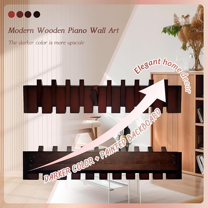 Wall Mounted Piano Coat Rack Solid Wood Piano Key Coat Rack Wall Mount, 4 Magnetic Foldable Hooks, Walnut Color - Heavy Duty, Drill or No-Drill Install for Entryway, Bedroom & Mudroom