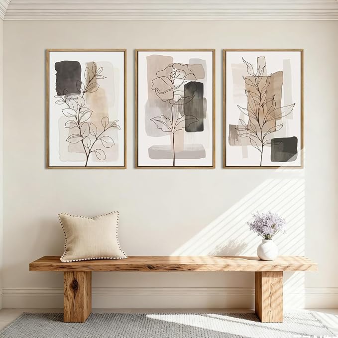 Anyzal Extra Large Neutral Floral Framed Wall Art 24x36 Inch Tan Modern botanical Canvas Wall Decor Minimalist Black Flower Prints for Living room Bedroom Dining room Set of 3