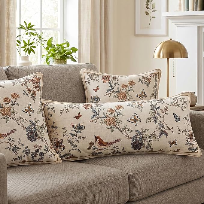 ISAENNE Designer Linen Throw Pillow Cover,Set of 2,28"x12"-Cornucopia A | Elegant French Rectangle Pillow Cover,Concealed Zipper,Floral and Bird Pattern,Sofas,Bedroom,Living Room,Lounge Chairs