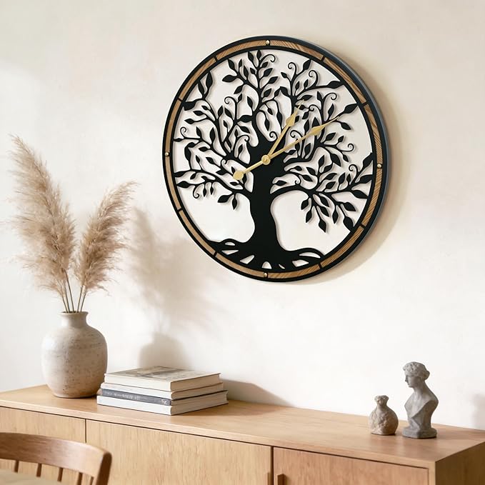 Micasso Farmhouse Large Wall Clock: 24 Inch Rustic Tree of Life Metal with Wood Frame - Battery Operated Wall Clocks for Living Room/Office/Bedroom - Home Decor for Fashion-Conscious