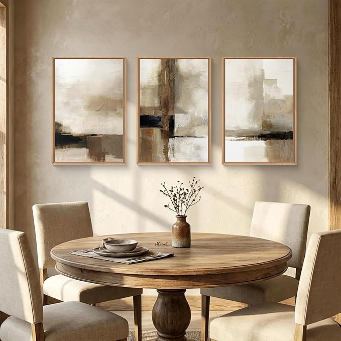 HOURIA Abstract Neutral Vintage Earth Tone Framed Canvas Wall Art Set,Modern Minimalist Rustic Brown Beige Wall Decor,Wabi Sabi Textured Brushstroke Artwork for Living Room,Bedroom,Farmhouse-16"x24"x3