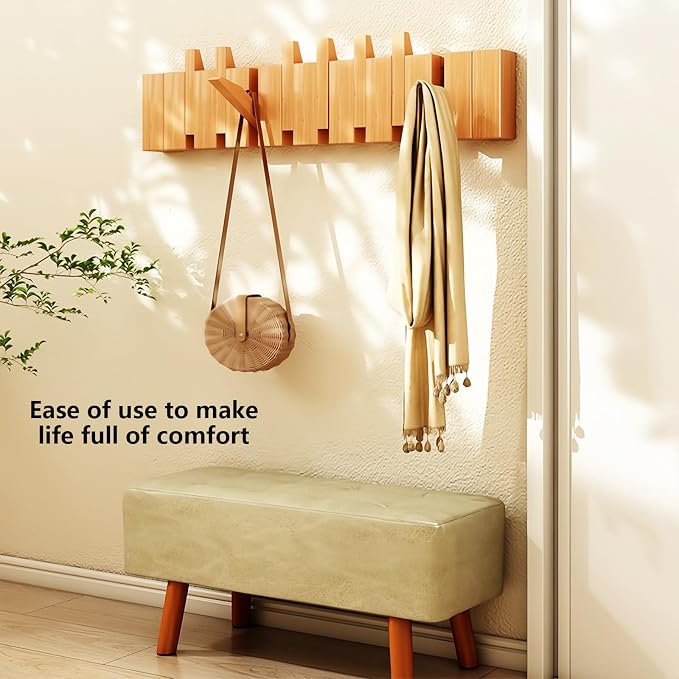 Wall Mounted Coat RackHooks Piano Key Hangers Natural Solid Wood Hanger Non-Woven Fabric Clothes Hangers for Closet, Kitchen, Bedroom, Bathroom, Entryway (Beech, 10 Hooks)