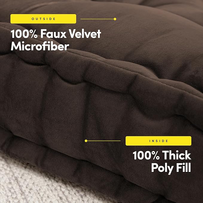 Floor Pillow Large Square Tufted Decorative Cushion 20" x 20" Faux Velvet Fabric Ultra Thick Fill for Kids and Adults, 1 Pack, Coffee Brown