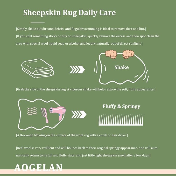AOGELAN Premium Genuine Fur Sheepskin Rug, Real Australia Sheepskin Natural Luxury Fluffy Lambskin Fur Area Rug Seat Covers for Kids Bedroom Sofa Chair Cover (Dark Green, Double Pelt/2ft x 6ft)
