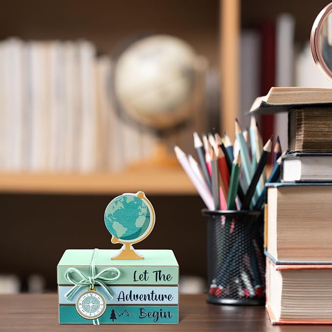 Pinkunn 4 Pieces Travel Themed Wooden Centerpieces Table Toppers Let The Adventure Begin Book Stacks Travel Around The World Bon Voyage for Desk Shelf Home Office Home Living Room