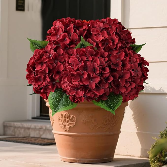JINWOE Red Christmas Flowers Silk Hydrangea Artificial Flowers, 5Pcs 20Inch Large Lifelike Flowers,Halloween Artificial Hydrangeas for Bouquet Table Centerpieces Floral Arrangements Home Wedding